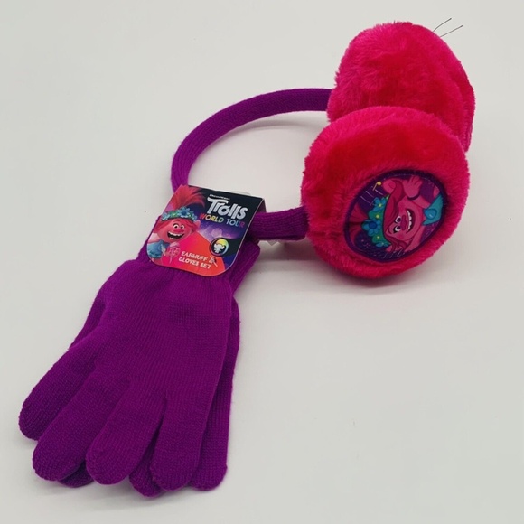 Dream Works Trolls World Tour Girls Red and Pink Earmuff and Gloves Set NEW - Picture 2 of 4